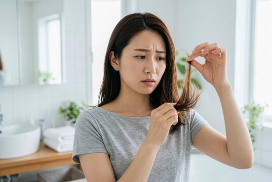 傷んだ毛先に悩む女性（枝毛・ヘアダメージ・ヘアケア）