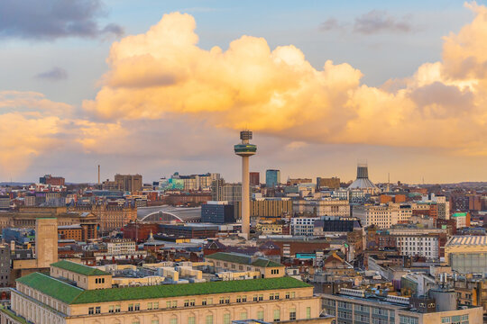 Liverpool city skyline from top view, cityscape of United Kingdom