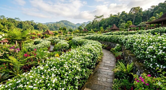 Lush Tropical Garden Maze with White Flowers and Stone Pathway Leading to Traditional Bali Style Gazebo, Bali Style Resort Landscape for Wellness Retreat 8K