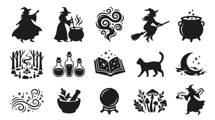 Obraz premium Witchcraft Magic Glyph Icons Set. Halloween Fantasy Occult Black White Silhouettes