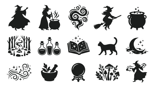 Witchcraft Magic Glyph Icons Set. Halloween Fantasy Occult Black  White Silhouettes