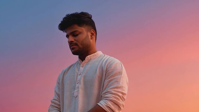 Indian man male adult young profile at sunset sky, side view in white kurta, calm peaceful expression, hopeful mood under pastel evening light