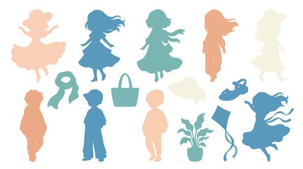 Obraz premium Pastel Flat Silhouette Vector Set of Happy Children and Childhood Play Items