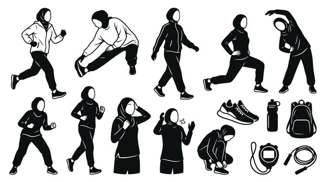 Black  White Vector Illustration: Muslim Hijabi Women Exercising  Fitness Gear Set