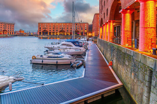 Historic red brick  dock at night with old warehouses in downtown  Liverpool