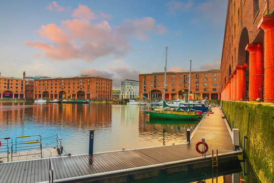 Historic red brick  dock at night with old warehouses in downtown  Liverpool