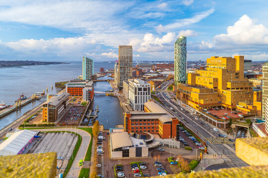 Liverpool city skyline from top view, cityscape of United Kingdom