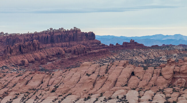 Aerial view of the unique red sandstone spires and layered rock fins of the Needles district under an overcast sky in Canyonlands National Park, Utah, USA.