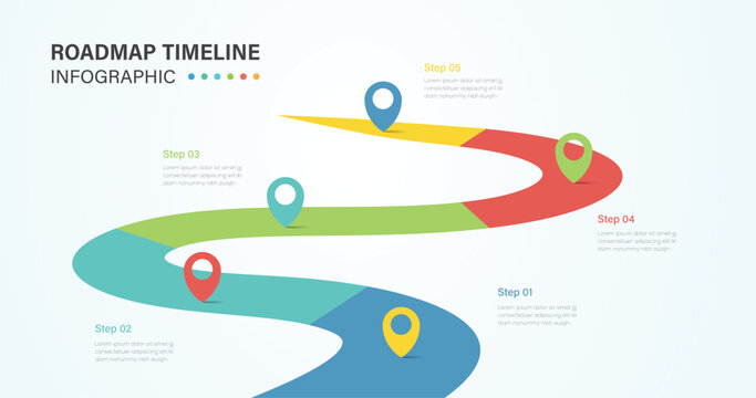 Road winding Infographic template design for business. 5 Steps Modern Timeline diagram with road journey concept. Presentation vector infographic template.