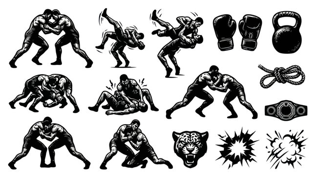 Black and White Vintage Wrestling  Combat Sports Vector Set with Wrestlers, Boxing Gear