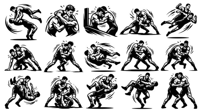 Wrestling Sport Line Art Vector Set: Black and White Illustrations of Grappling Wrestlers in Action