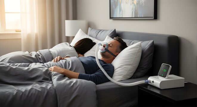 Man sleeping with CPAP machine in modern bedroom setting