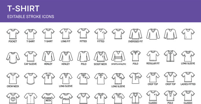 Large vector set of technical t-shirt icons featuring editable strokes and various garment styles including polo henley crop top and long sleeve for apparel design and manufacturing