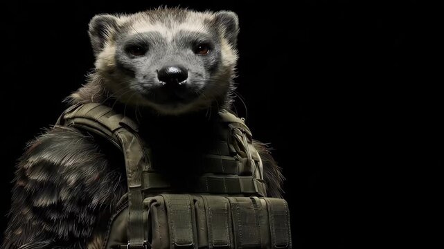 Soldier badger wearing tactical vest stands in dark background ready for a mission