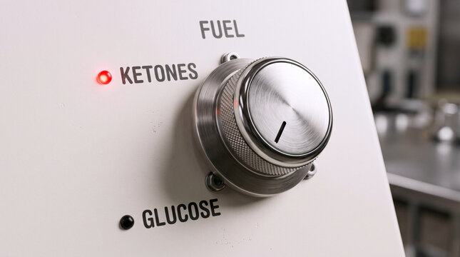Conceptual Dial Control Panel Showing Ketones Selected as Body Fuel Source Over Glucose on White Background