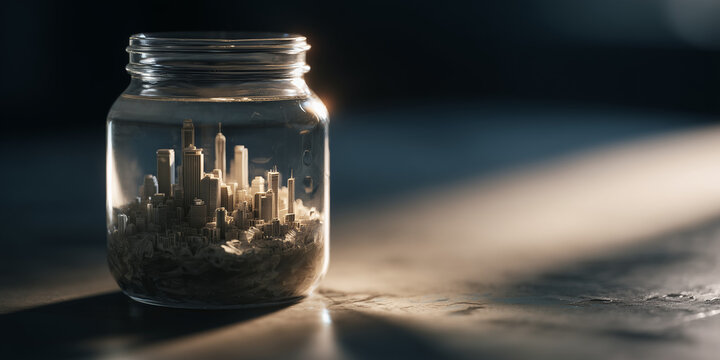 Global inflation predictions urban landscape in a jar business insights dramatic lighting conceptual analysis