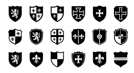 Collection of medieval heraldic shields featuring symbols like lions fleur de lis crosses and checkered patterns on a clean white background vector graphics © PABITRA
