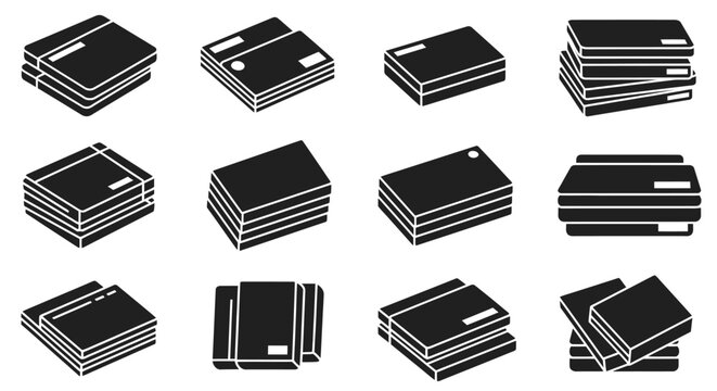 Collection of black silhouetted icons representing stacked documents papers and folders in isometric view perfect for business and organization concepts on a white background
