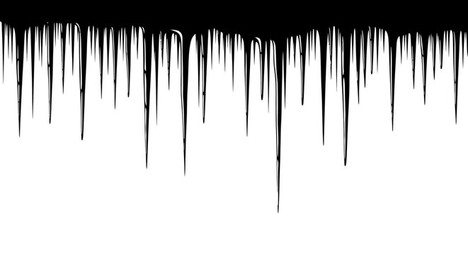 Abstract monochrome illustration of dripping icicles forming a sharp jagged border against a stark white background symbolizing winter cold and frozen natural formations