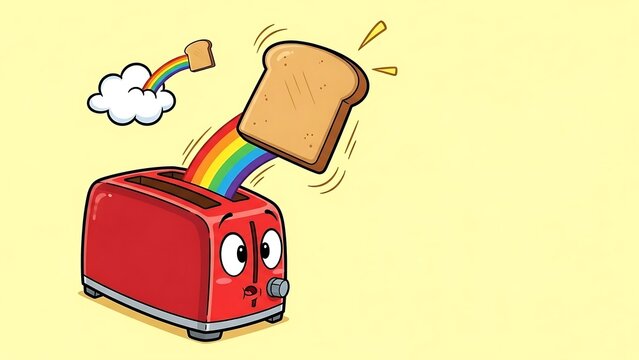 cartoon toaster with rainbow bread popping.