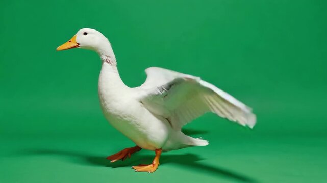 White duck with one wing spread on green background