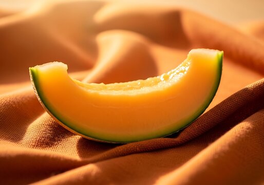 Slice of fresh cantaloupe melon on orange fabric in golden hour light