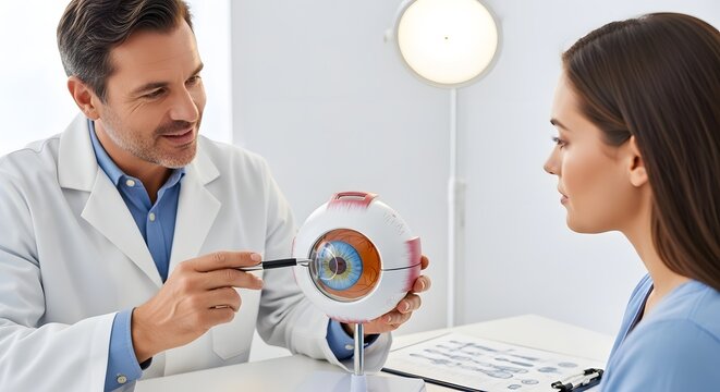 Ophthalmologist examining eye structure and medical diagnosis