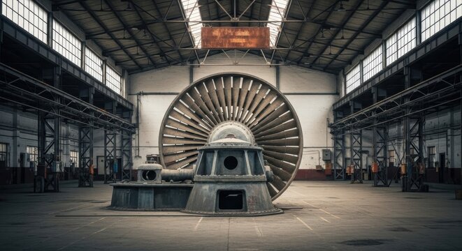 Massive vintage turbine engine standing within a vast, empty industrial warehouse, showcasing forgotten industrial power