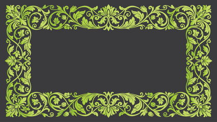 Intricate decorative botanical organic frame with elaborate green vine, leaf and flower patterns on black background. Sophisticated vector border ideal for luxury wedding stationery, certificates, pos © creative