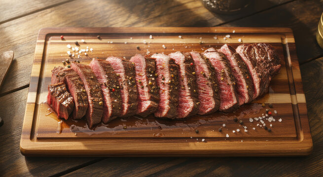 Sliced grilled beef steak served on a wooden cutting board with sea salt and pepper