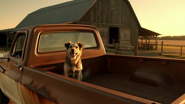 Rustic Farm Puppy. Charming Depict Of Friendly Dog Resting In Rustic Farm Environment With Warm Glow