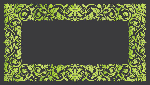 Intricate decorative botanical organic frame with elaborate green vine, leaf and flower patterns on black background. Sophisticated vector border ideal for luxury wedding stationery, certificates, pos