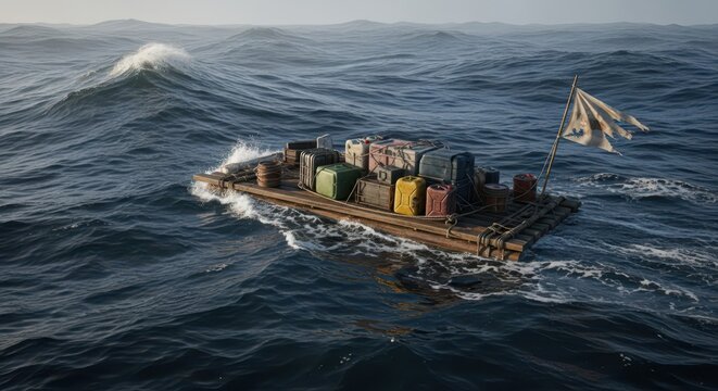 A makeshift wooden raft heavily laden with assorted cargo and luggage navigates the turbulent, dark ocean waves during a perilous journey.