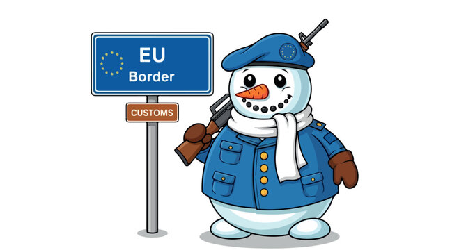 Cheerful cartoon snowman in blue winter coat beside an EU border customs sign in a snowy scene