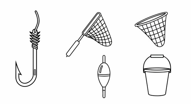 Line art illustration of fishing gear with worm on hook, nets, bobber, and bait bucket for hobby fishing scenes