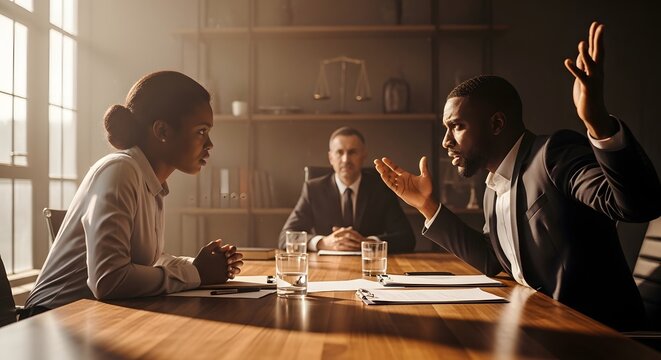 Professional business meeting discussion between diverse colleagues