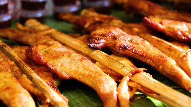 Close up dolly shot of grilled chicken skewers served on banana leaves with dipping sauce.
