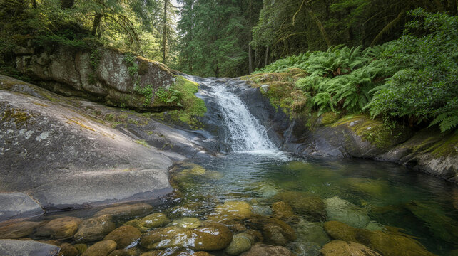 Serene Temperate Forest Stream with Waterfall, Lush Greenery