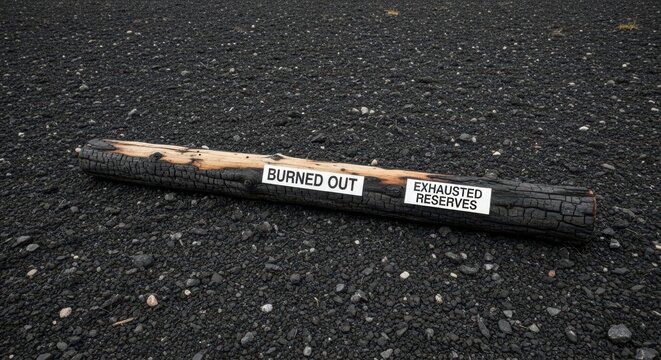 Charred wood log with 'BURNED OUT' and 'EXHAUSTED RESERVES' labels on dark, granular surface, symbolizing depletion