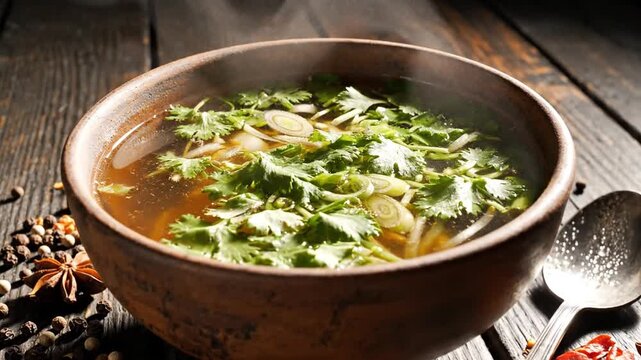 Steaming ceramic bowl of clear amber broth garnished with fresh cilantro and scallions on a dark rustic wooden table surrounded by star anise, peppercorns, and chili flakes.