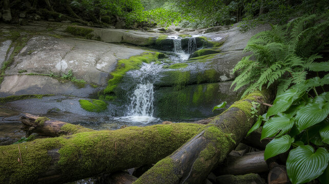 Serene Mossy Waterfall in Lush Temperate Forest