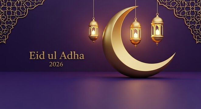Celebration of eid ul adha with traditional lanterns and crescent moon design for 2026