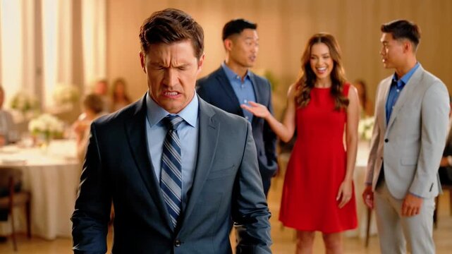 A husband or  partner feeling severe jealousy while wife girlfriend talking happily to other people relationship