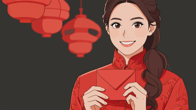Smiling East Asian woman in red cheongsam holding red envelope with lanterns