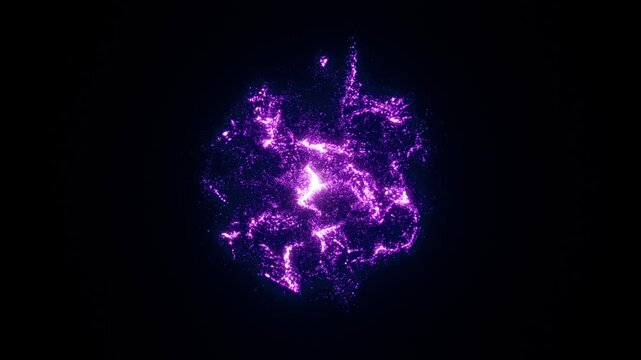 Glowing purple particle cluster with fluid motion and soft energy flow, abstract light animation on dark background,