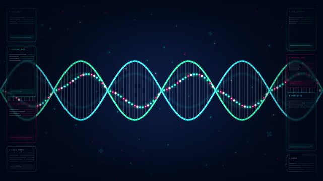 Abstract Futuristic Digital Data Visualization with Glowing Sine Waves and Signal Processing Elements on Dark Background