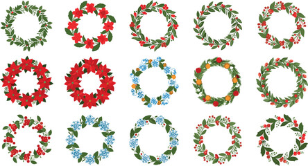 Festive floral wreath collection with Christmas holly berries flowers and seasonal greenery decorations in colorful flat vector illustration set © Amowara