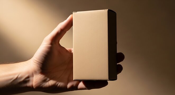 Hand holding a blank brown cardboard box mockup for packaging design
