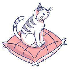 White striped cat sitting on a pink square pillow. © mil