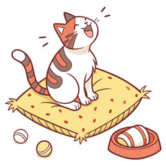 Happy striped cat sitting on a yellow pillow. © mil